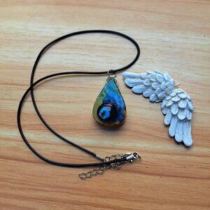 Blue dichroic glass with wood pendant